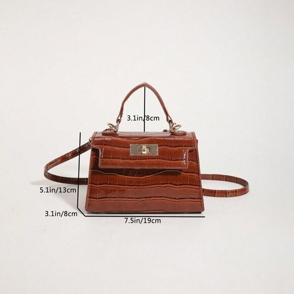 Coffee Brown Elegant Women's Faux Crocodile Turn Lock Square Bag - Picture 7 of 7